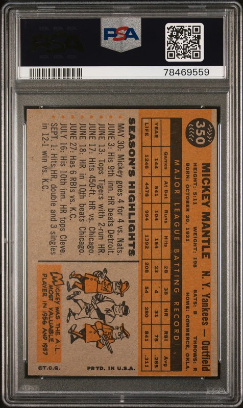 1960 Topps Mickey Mantle #350 PSA 5 view 2