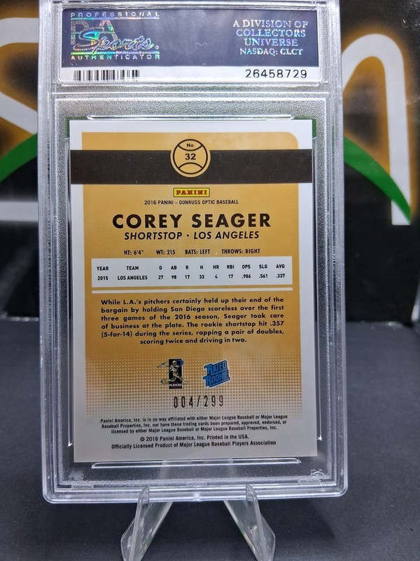 2016 Panini Donruss Optic  Rated Rookies Corey Seager PSA 10 #32 Aqua /299  view 2