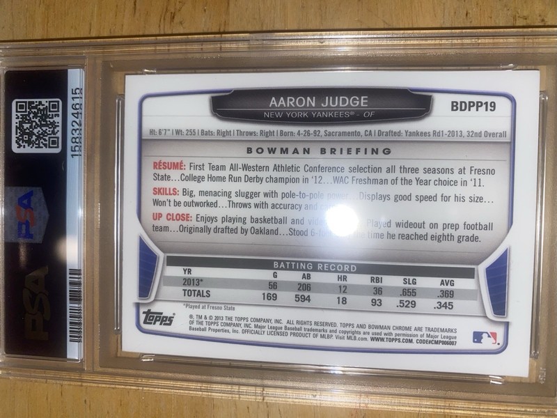 Bowman 2013 Chrome Draft Picks Aaron Judge #BDPP19 PSA 7 Rookie Yankees view 2