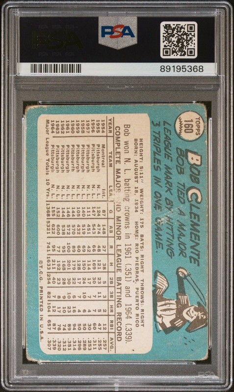 1965 Topps Roberto Clemente #160 PSA 1 HOF view 2