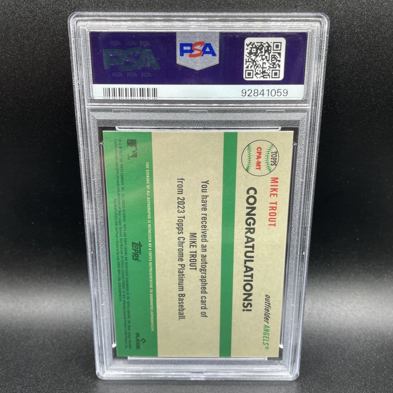 2023 Topps Chrome Platinum Mike Trout Pink Refractor On Card Auto /15 PSA 10 view 2