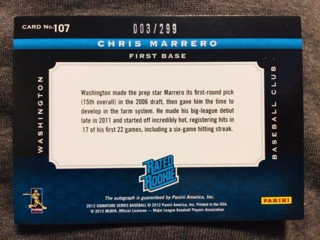 2012 Panini Signature Series Chris Marrero Rookie Auto Autograph MLB Patch /299 view 2
