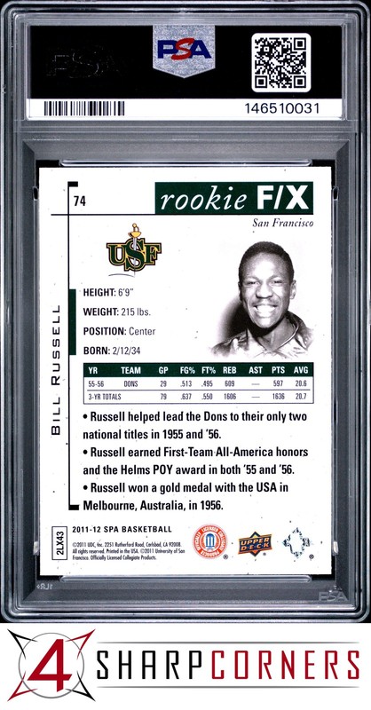 2011 SP AUTHENTIC #74 BILL RUSSELL HOF ROOKIE F/X POP 3 PSA 10 view 2