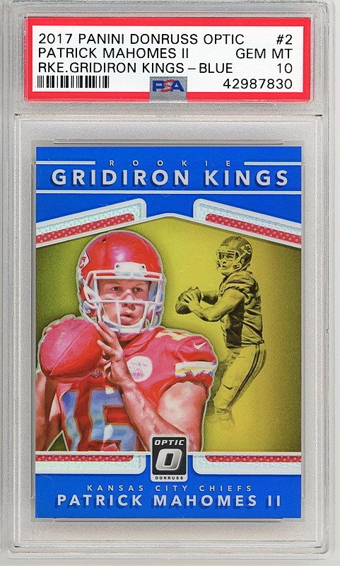 2017 -PATRICK MAHOMES-PSA 10 /149 OPTIC GRIDIRON KINGS BLUE PRIZM Rookie Card-RC