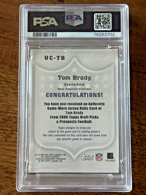 2006 Topps Tom Brady Draft Picks Upperclassmen Jersey Game Worn Patch PSA 9 view 2