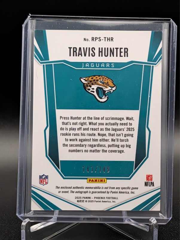 2025 Panini Phoenix Travis Hunter Patch Auto /149 RPS-THR Rookie Silver Jaguars view 2