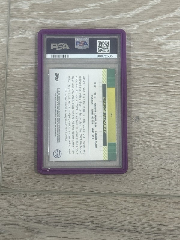 Carlos Alcaraz Topps Chrome 2024 Purple Refractor /499 PSA 10 view 2