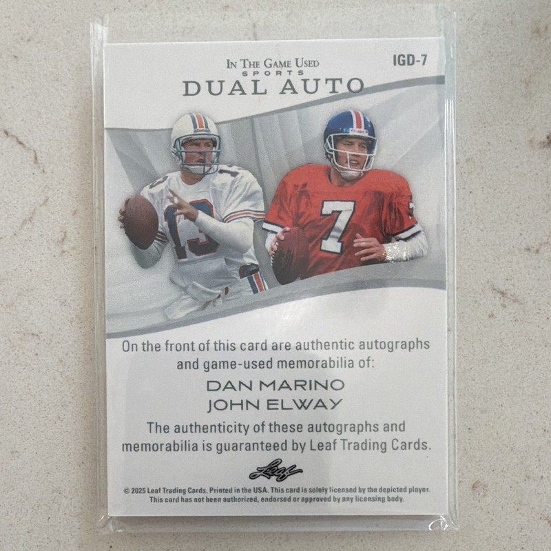 2025 Leaf In The Game Used Dan Marino John Elway Dual Auto IGD-7 4/5 view 2