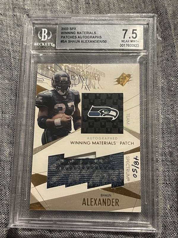 2003 SPX Shaun Alexander MVP Winning Materials Game Used Patch Auto /50 BGS 7.5