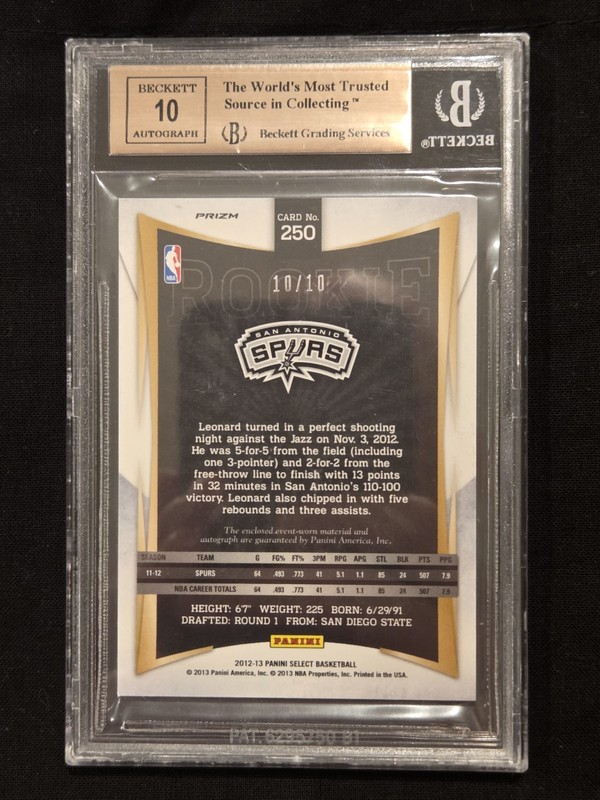 ​2012 Select Kawhi Leonard Gold Prizm Jersey Auto RC /10 BGS 9.5 #250 view 2
