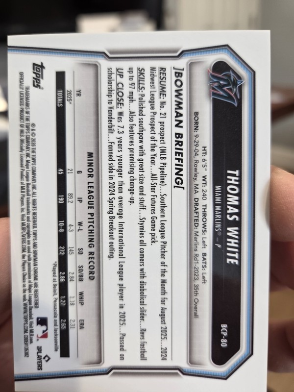 2026 Bowman Chrome Thomas White Red Lava Refractor /5 view 2
