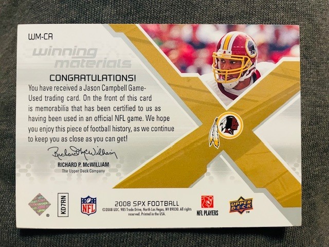 2008 Upper Deck SPX Jason Campbell Game Used Worn Jersey Relic Card /99 Rare view 2