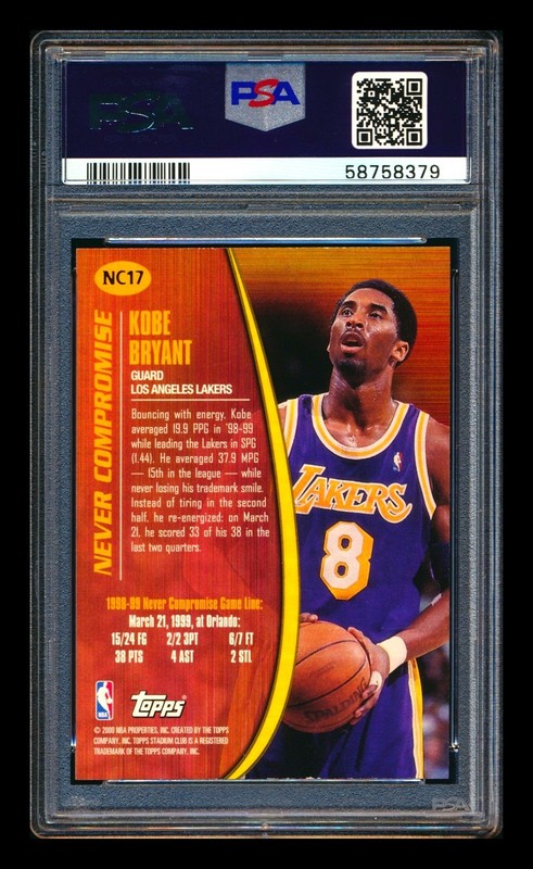 1999-00 TOPPS STADIUM CLUB #NC17 KOBE BRYANT NEVER COMPROMISE LAKERS PSA 8 NM-MT view 2