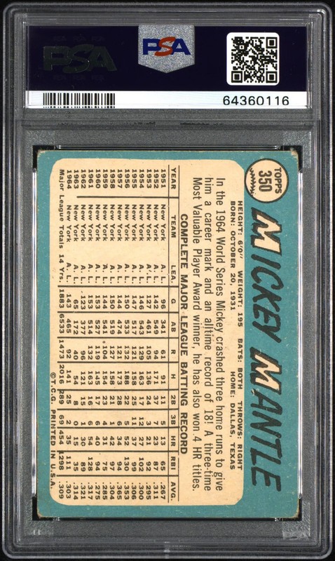 1965 Topps Mickey Mantle #350 PSA 1 view 2