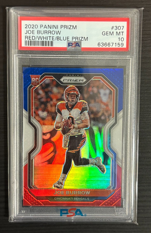 JOE BURROW 2020 PRIZM FOOTBALL #307 RED WHITE BLUE ROOKIE RC PSA 10 BENGALS