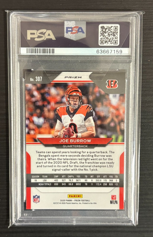 JOE BURROW 2020 PRIZM FOOTBALL #307 RED WHITE BLUE ROOKIE RC PSA 10 BENGALS view 2