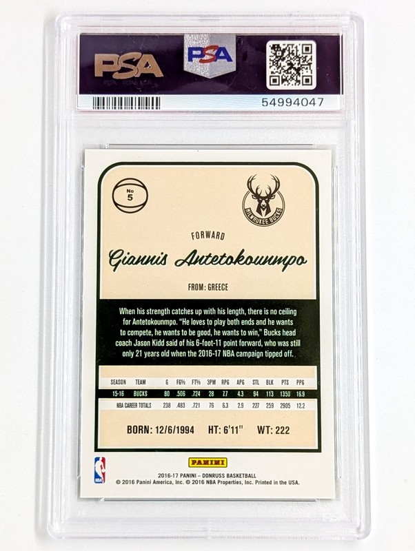 2016-17 Panini Donruss Green Laser #5 Giannis Antetokounmpo /99 PSA 9 Bucks view 2