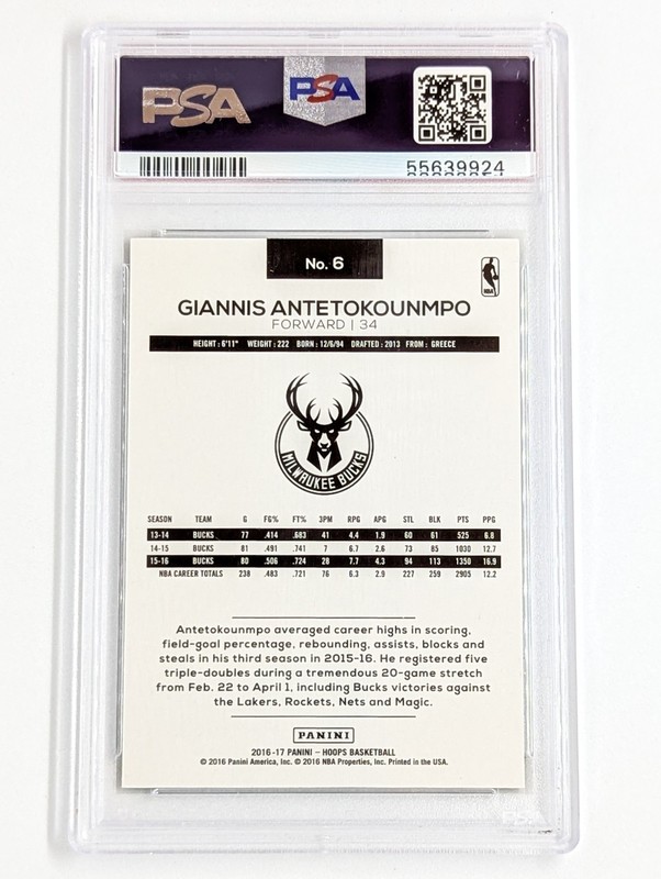 2016-17 Panini Hoops Green #6 Giannis Antetokounmpo /149 PSA 9 Milwaukee Bucks view 2
