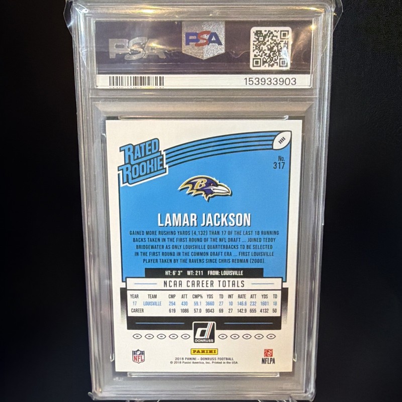 2018 Panini Donruss - Rated Rookie Lamar Jackson #317 (RC) PSA 10 view 2