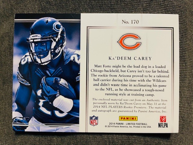 2014 Panini Limited #170 Ka'Deem Carey Rookie RC Auto Autograph Patch /199 Rare view 2