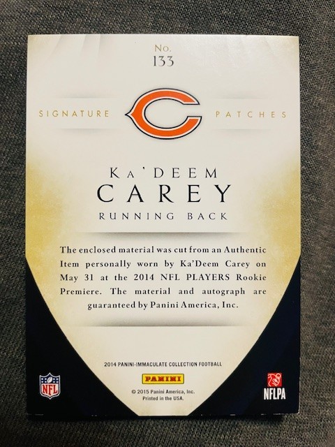 2014 Immaculate Collection Ka'Deem Carey Rookie RC Auto Autograph Patch /49 Rare view 2