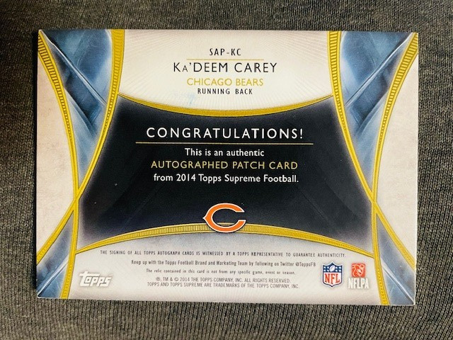 2014 Topps Supreme Ka'Deem Carey Rookie RC Auto Autograph Jersey Patch /65 Rare view 2