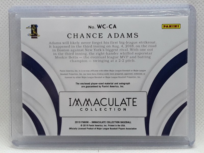Chance Adams 2019 Immaculate Baseball SSP TAG PATCH AUTO (2/5) New York Yankees view 2
