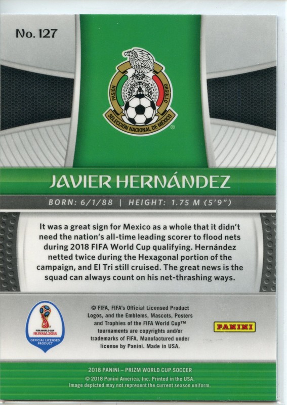 2018 Panini Prizm World Cup Soccer Base #127 Javier Hernandez - Mexico Qty view 2