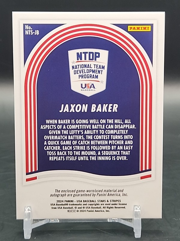 Jaxon Baker - 2024 USA Baseball - Game Used Jersey and Auto - U17 view 2