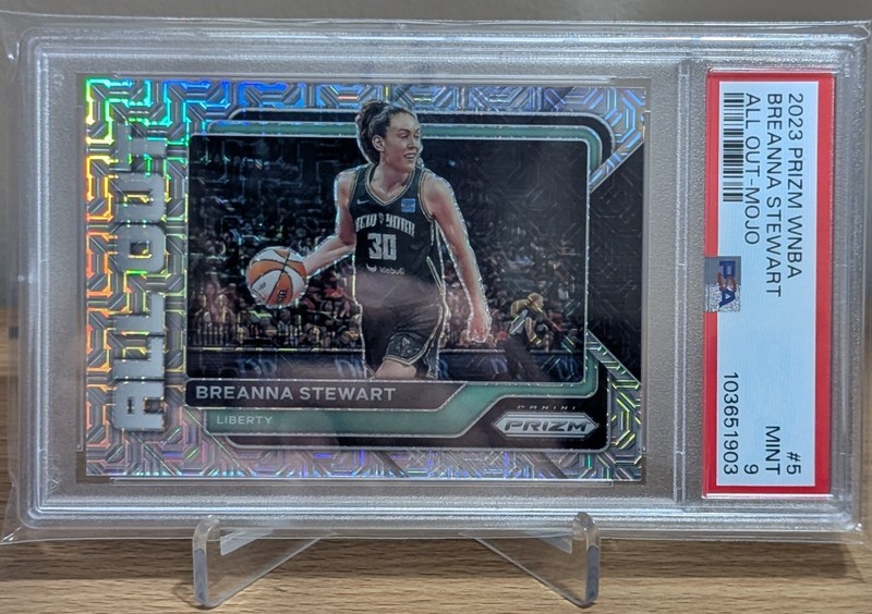 2023 Panini Prizm WNBA Breanna Stewart No. 5 All Out Mojo Prizm #14/25 PSA 9