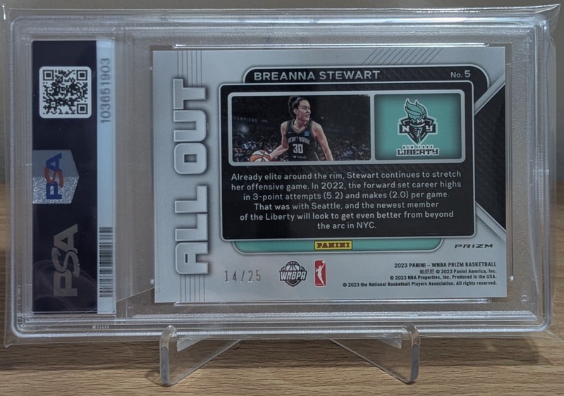 2023 Panini Prizm WNBA Breanna Stewart No. 5 All Out Mojo Prizm #14/25 PSA 9 view 2