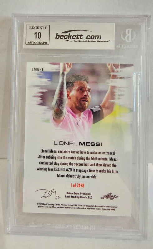 2023 Lionel Messi Signed Inter Miami Leaf #LWB1 Card Beckett BAS Grade 10 Auto view 2