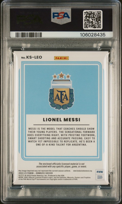 2022-23 Panini Donruss FIFA #KSLEO Lionel Messi Patch PSA Authentic Auto 10 view 2