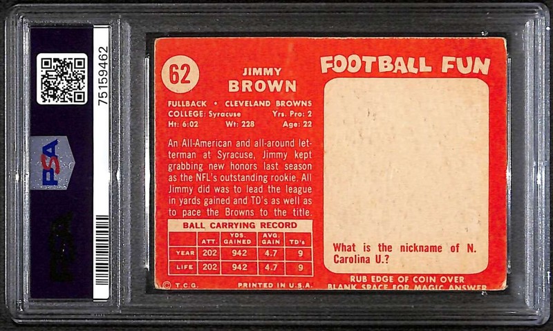 1958 Topps #62 Jim Brown HOF RC PSA 2 GOOD Looks VG C99035 view 2