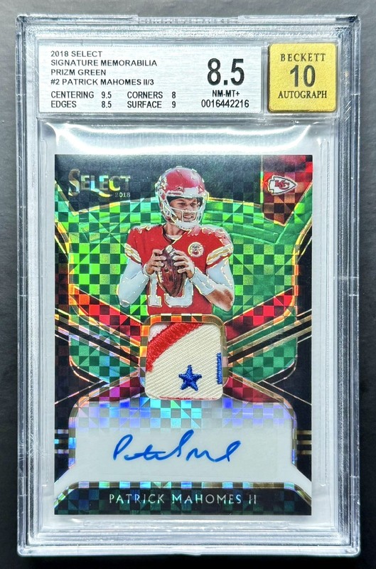 2018 Panini Select PATRICK MAHOMES II #/3 Green Prizm Logo Patch Auto BGS 8.5/10