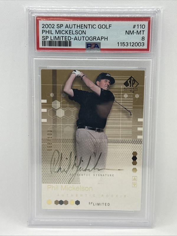 2002 SP Authentic Golf Phil Mickelson Auto GOLD /100 PSA 8 NM-MINT On-Card RC