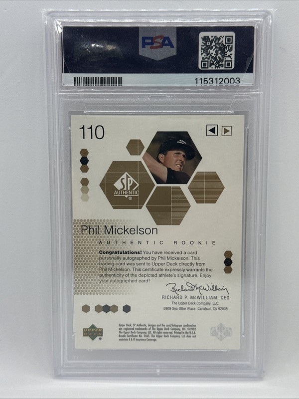2002 SP Authentic Golf Phil Mickelson Auto GOLD /100 PSA 8 NM-MINT On-Card RC view 2