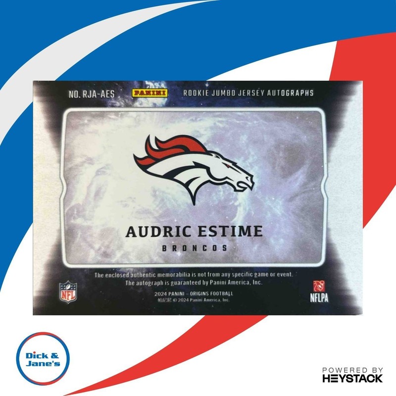 2024 Origins Audric Estime Rookie Jumbo Jersey Auto Orange Patch /75 Broncos view 2