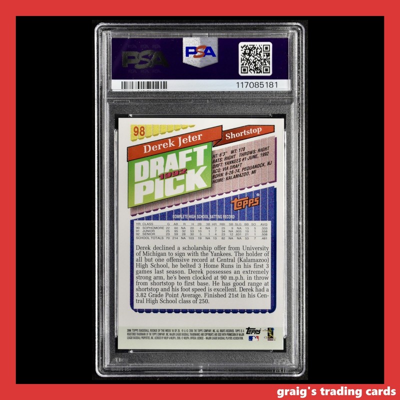 2006 Topps 1992 Draft Pick Rookie of the Week RC Derek Jeter #18 PSA 10 GEM-MT view 2