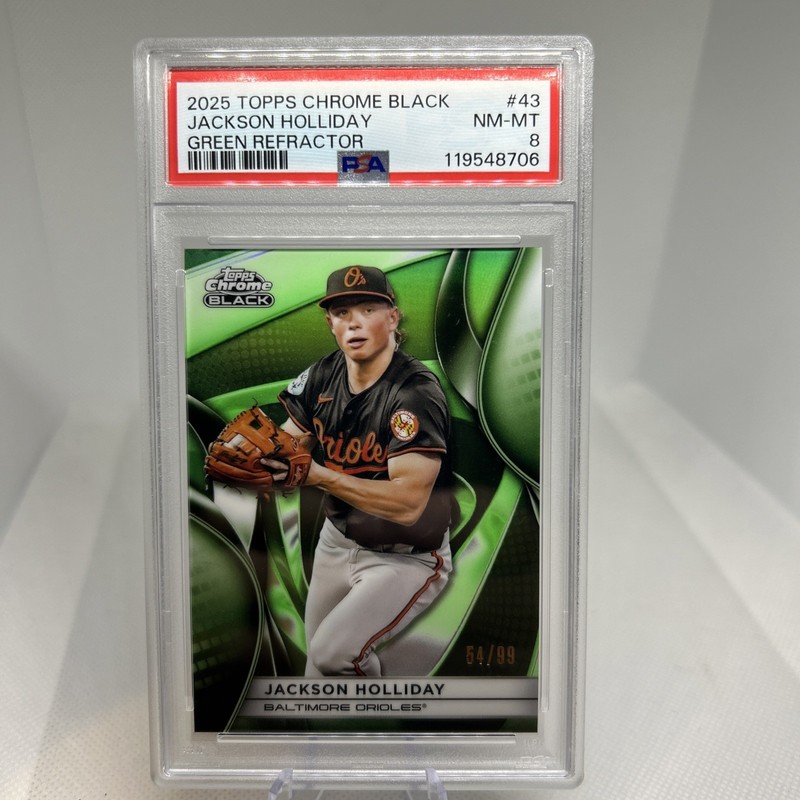 2025 Topps Chrome Black Jackson Holliday Green Refractor /99 PSA 8 Orioles