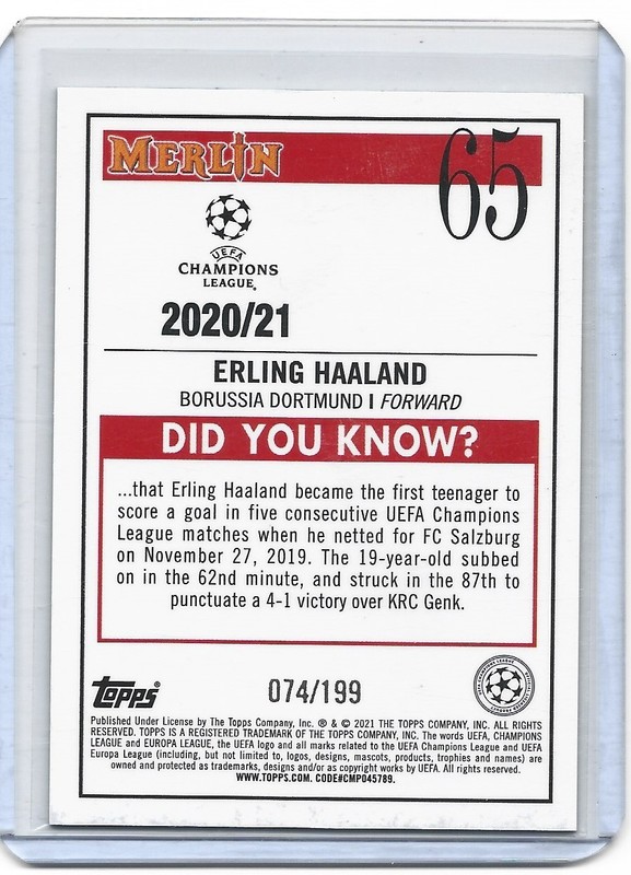 2020-21 Topps Merlin Chrome Erling Haaland Aqua Refractor 074/199 view 2