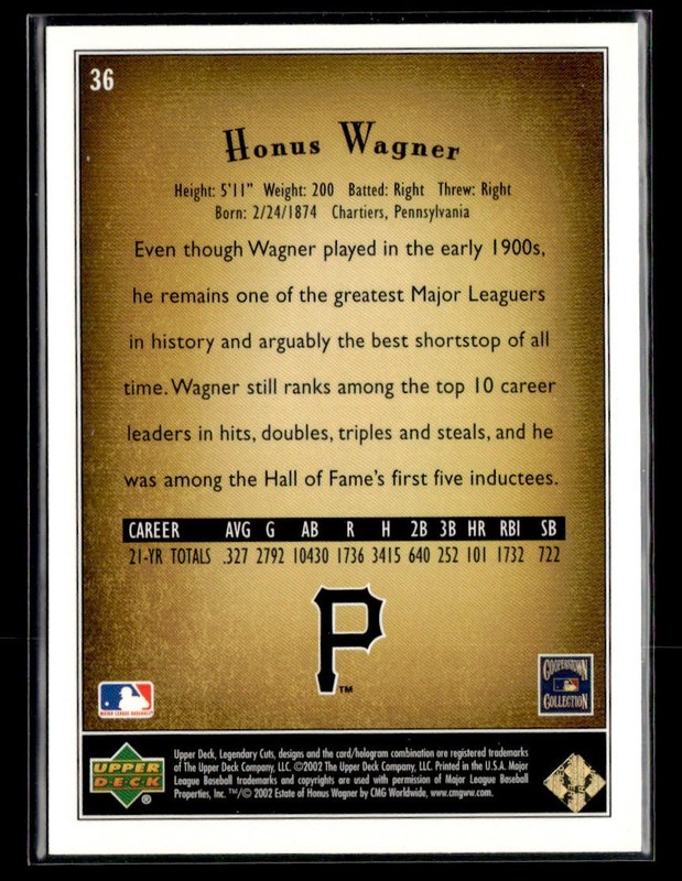 2002 SP Legendary Cuts #36 Honus Wagner Card Pittsburgh Pirates view 2