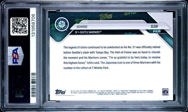ICHIRO SUZUKI * PSA 10 * MARINERS #51 RETIREMENT CEREMONY * 2025 TOPPS NOW #538 view 2
