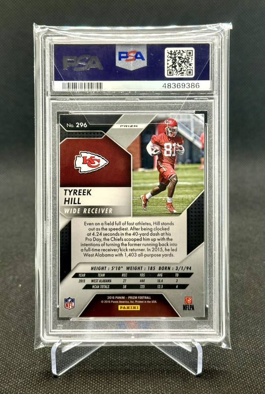 2016 Prizm Tyreek Hill Silver #296 PSA 9 MINT Rookie RC view 2