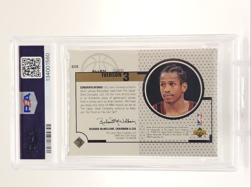 ALLEN IVERSON 1998-99 UPPER DECK GAME JERSEY GAME-WORN PATCH PSA 8 Q5775 view 2