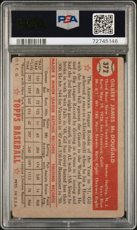 1952 Topps Gil Mcdougald High Number PSA 1 PR #372 Baseball Card view 2