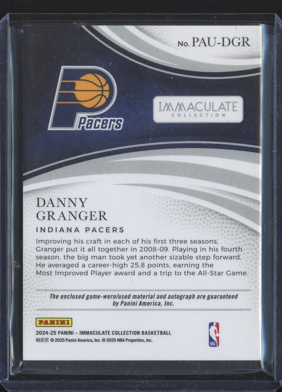 2024-25 Immaculate Danny Granger Patch Jersey Auto Number #/33 Pacers view 2
