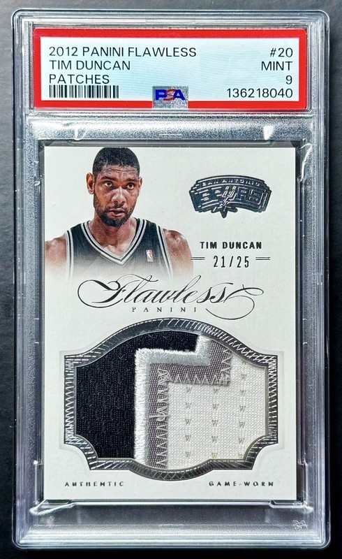 2012-13 Panini Flawless TIM DUNCAN (Jersey Number #21/25) GAME-WORN Patch PSA 9