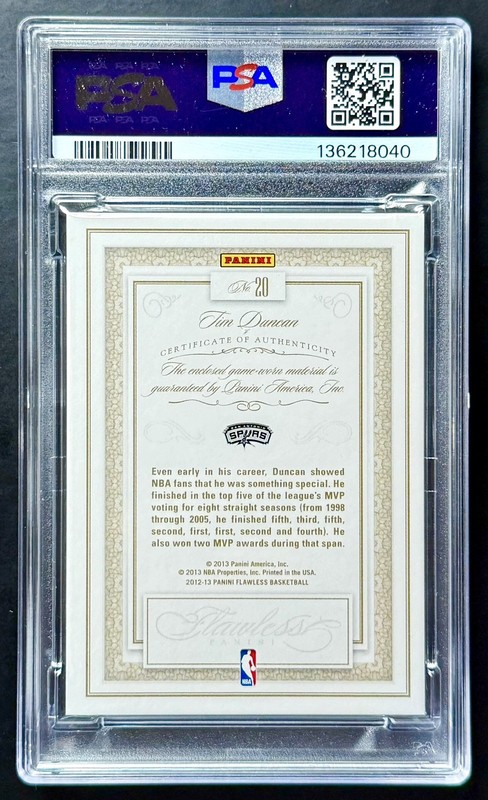 2012-13 Panini Flawless TIM DUNCAN (Jersey Number #21/25) GAME-WORN Patch PSA 9 view 2