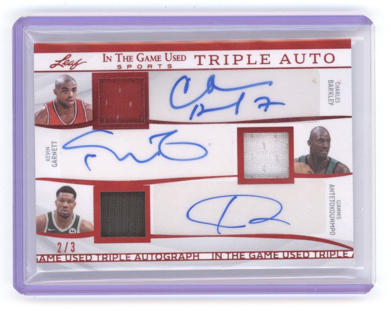 BARKLEY GARNETT ANTETOKOUNMPO 2025 LEAF GAME USED TRIPLE PATCH AUTO /3 Q1887